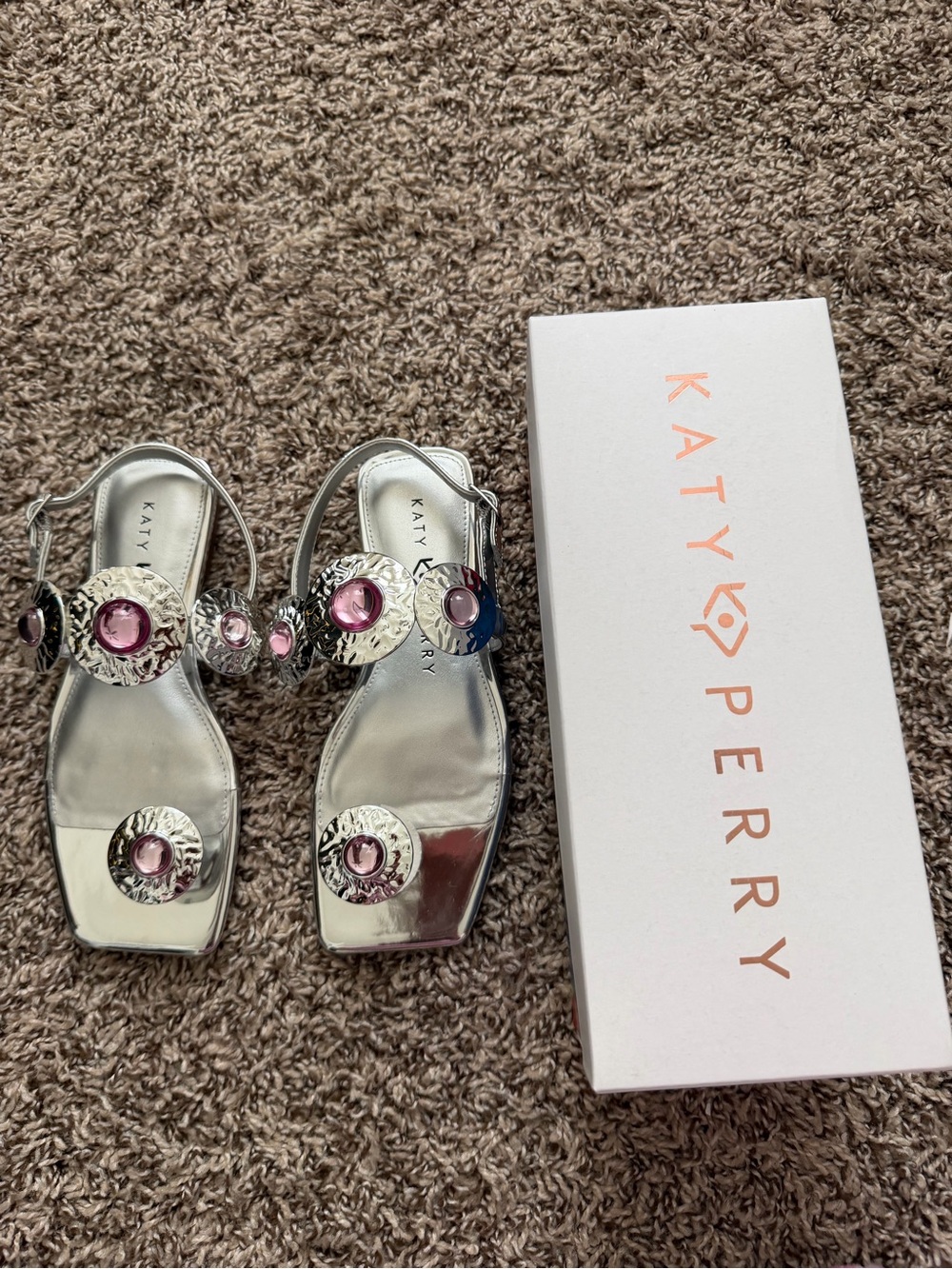 Katy Perry Collections Silver Sandals with Pink Gem Accents